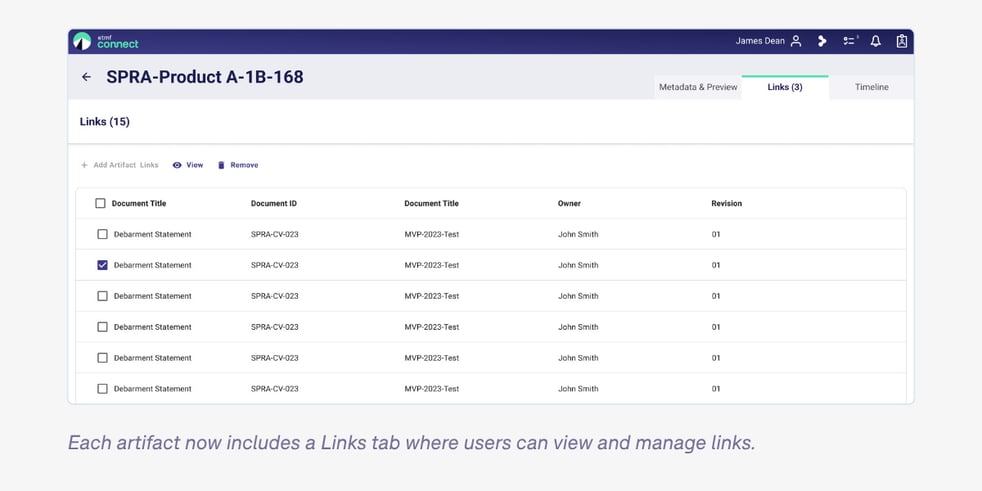 Each artifact now includes a Links tab where users can view and manage links.