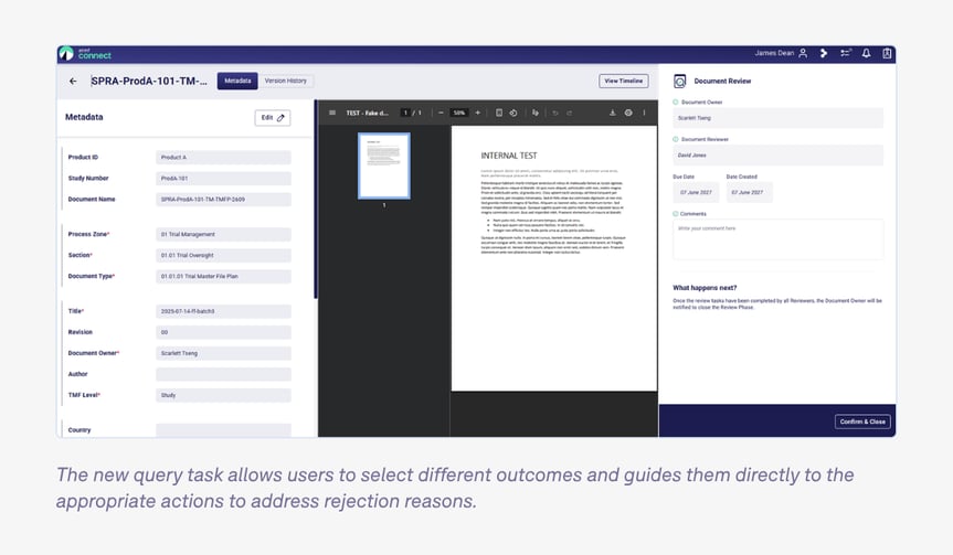 The new query task allows users to select different outcomes and guides them directly to the appropriate actions to address rejection reasons.