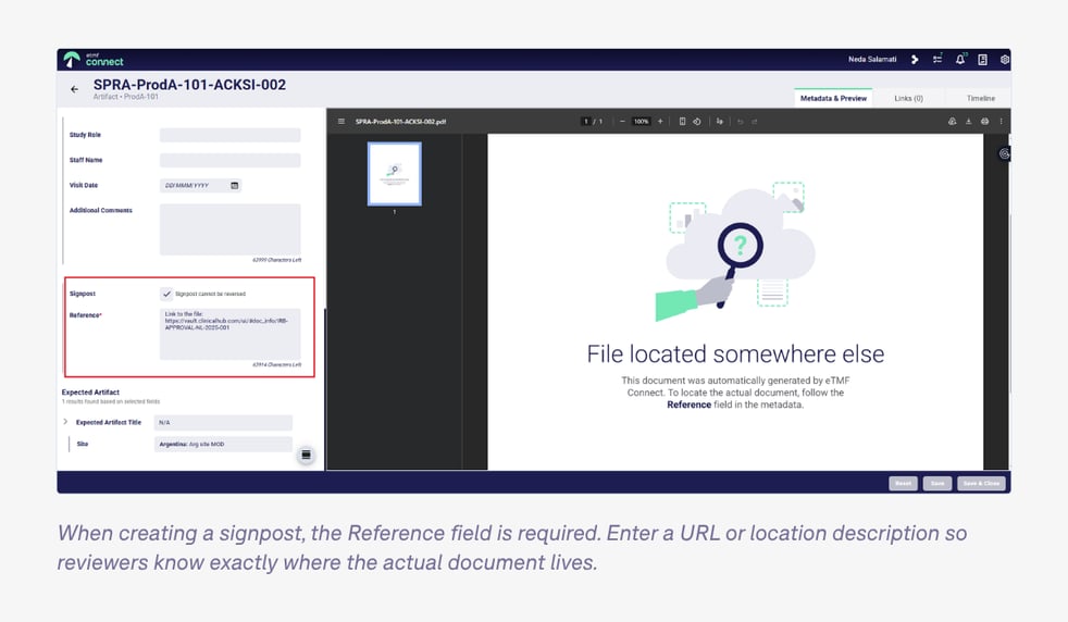 When creating a signpost, the Reference field is required. Enter a URL or location description so reviewers know exactly where the actual document lives.